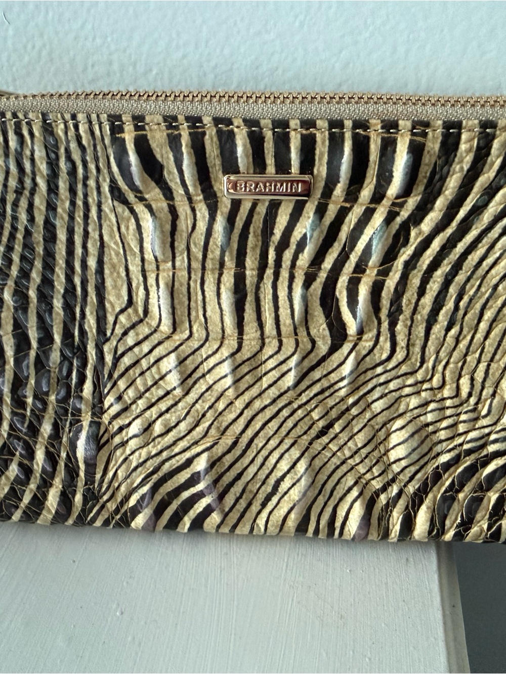 Brahmin Metallic Gold and Black Zebra-Print Leather Wristlet